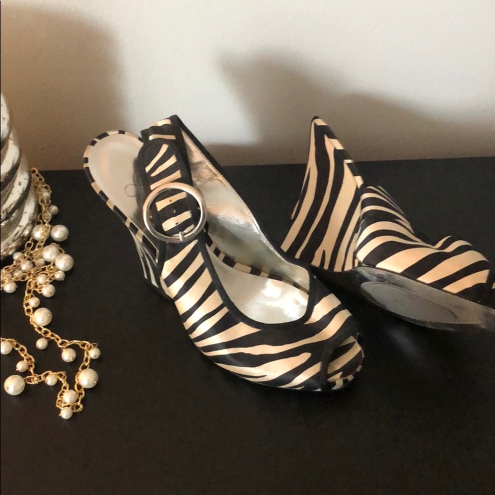 Jessica Simpson zebra wedge peep toe shoes.
